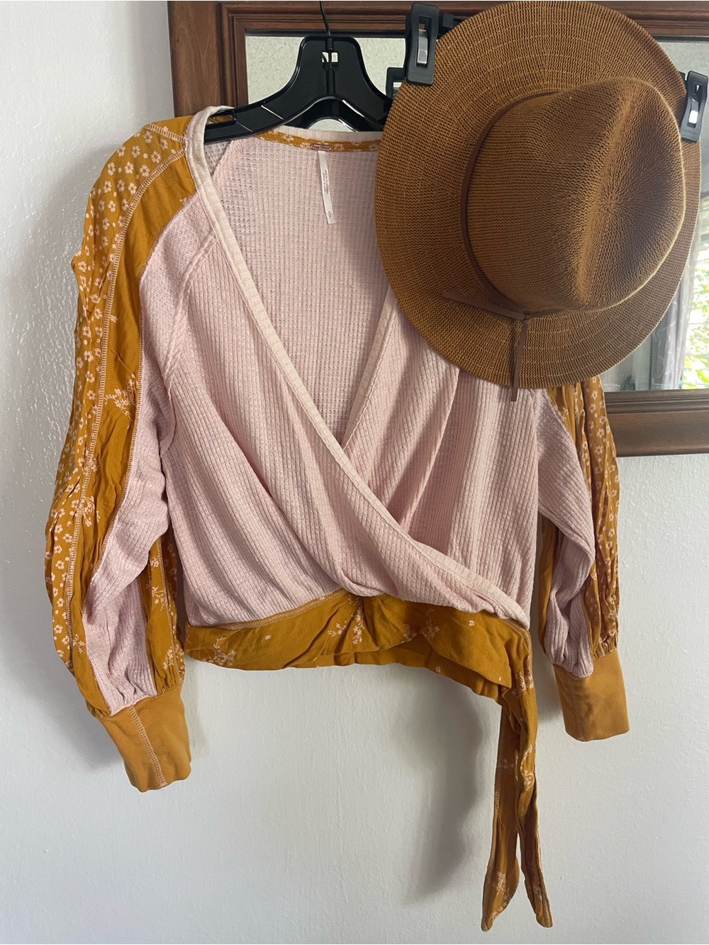 Free People Dusty Pink Wrap Top with Mustard Floral Sleeves